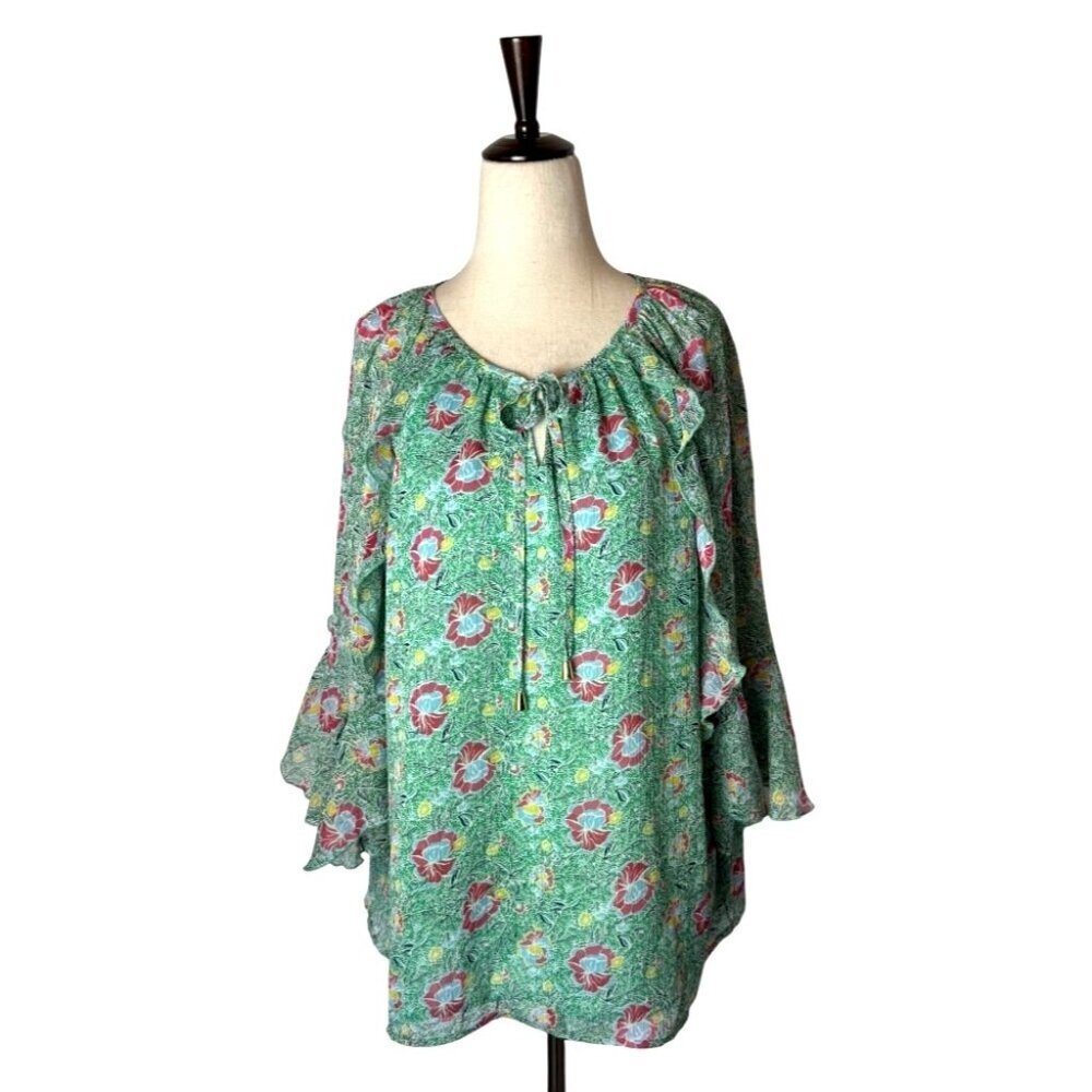 Jade Shirt Women Large Green Floral Ruffle‎ Bell Sleeve Peasant Top Boho Cottage